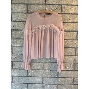 Zara Pink Feather-Trimmed Sheer Blouse Size M Made In Turkey
